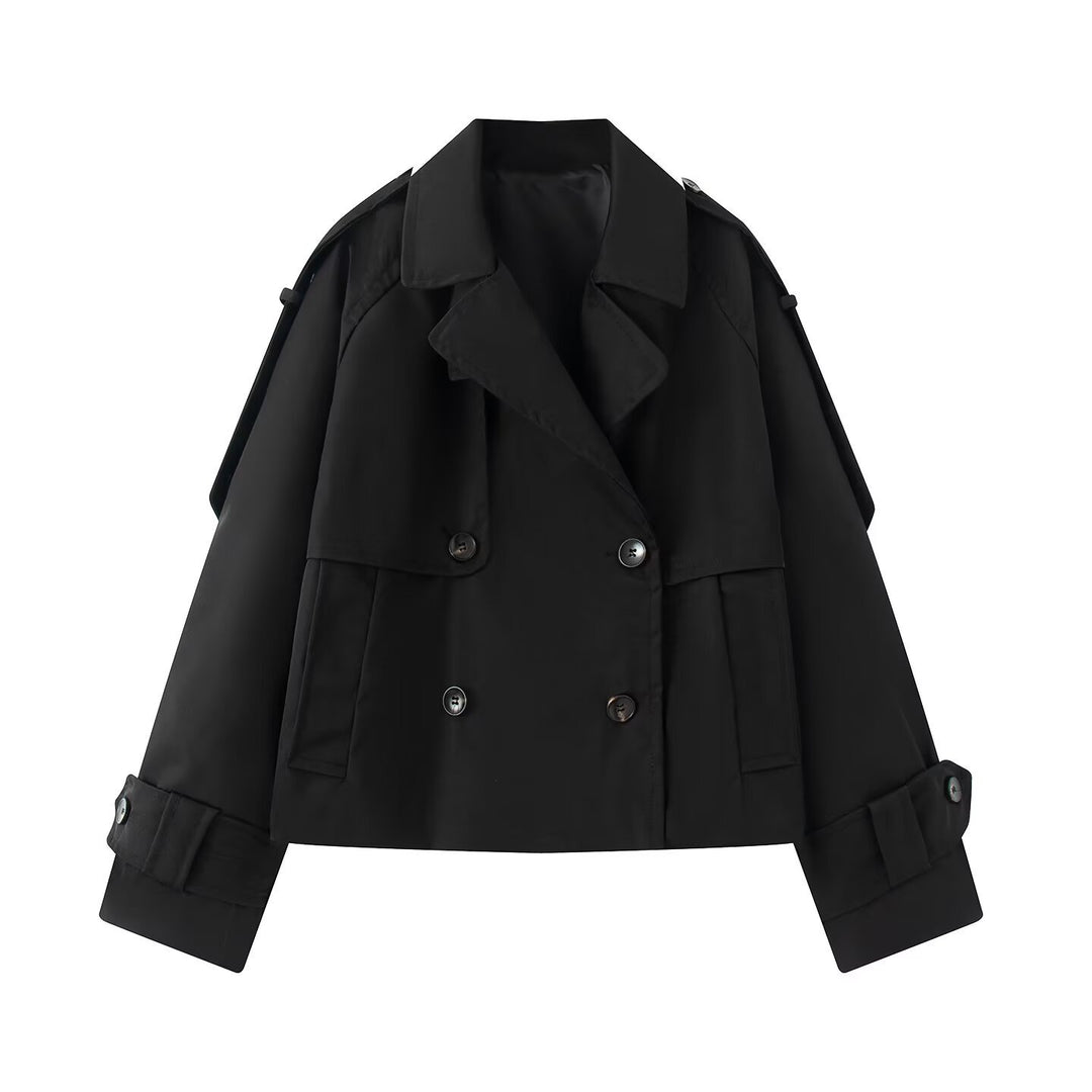 Damen Kurz geschnittener Cropped-Trenchcoat mit doppelreihiger Knopfleiste und Schulterklappen Drune