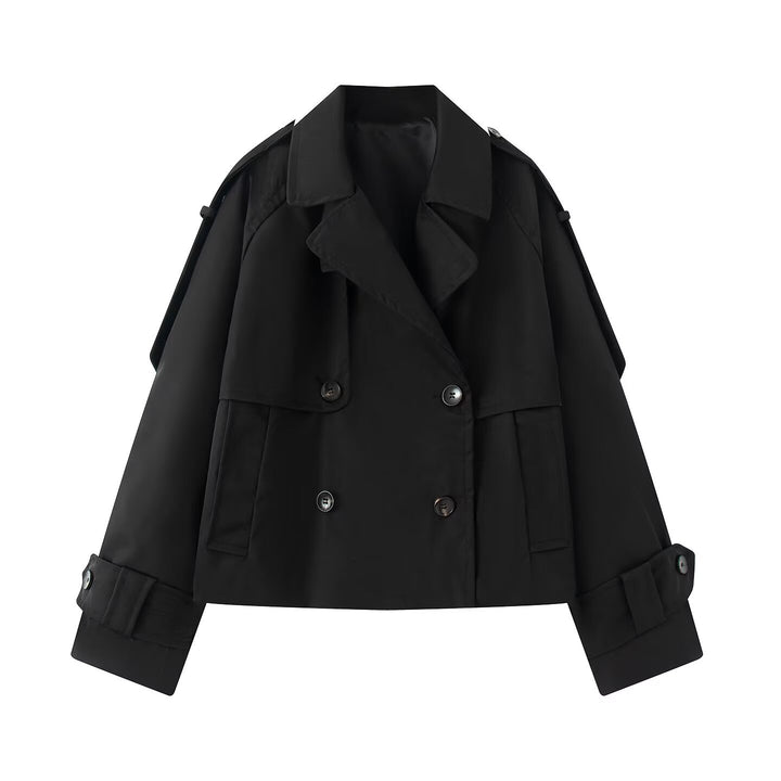 Damen Kurz geschnittener Cropped-Trenchcoat mit doppelreihiger Knopfleiste und Schulterklappen Drune