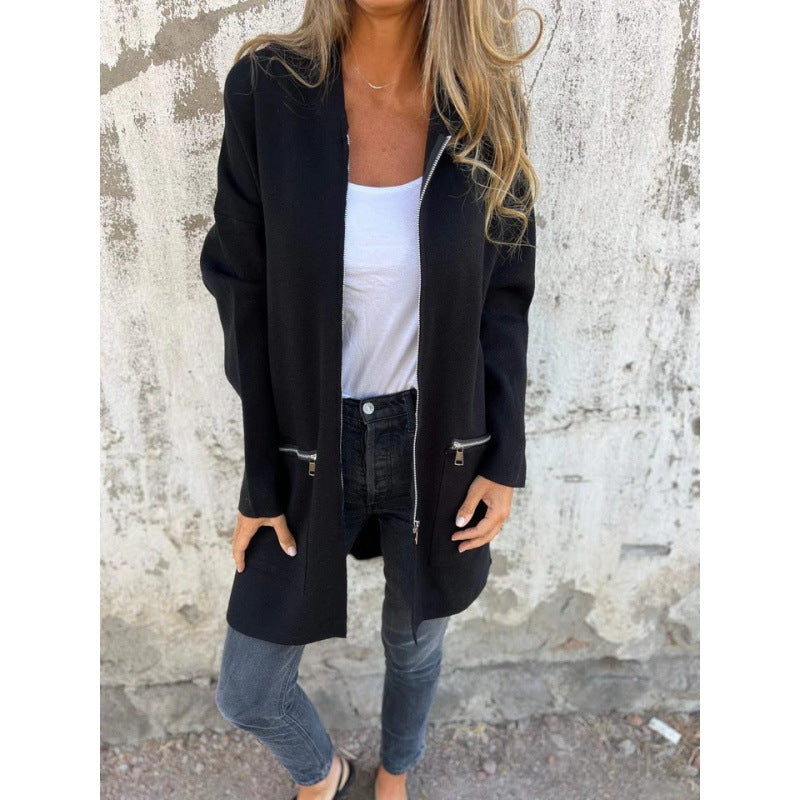 Damen Kapuzen-Longcardigan mit durchgehendem Reißverschluss und Ziertaschen Drune