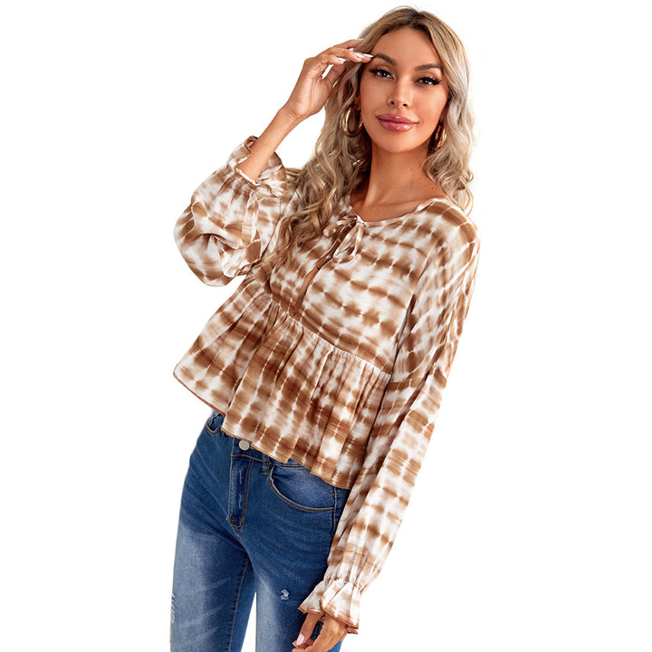 Damen luftiges Peplum-Blusenshirt mit Batikmuster, Kordel‑Neckline und gerafften Ärmeln Drune