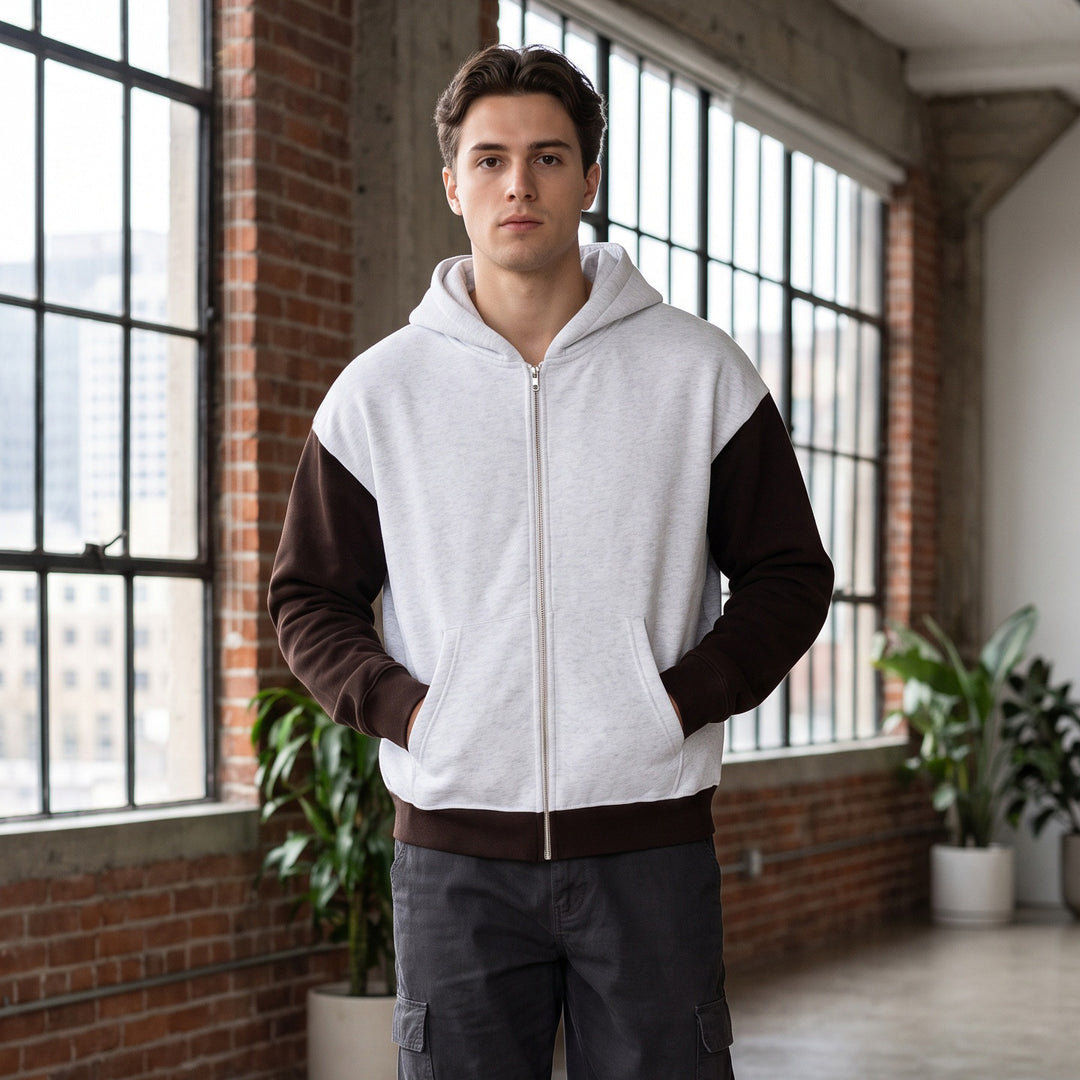 Herren Reißverschluss-Kapuzenjacke im Colorblock-Stil aus French-Terry mit Kängurutasche Drune
