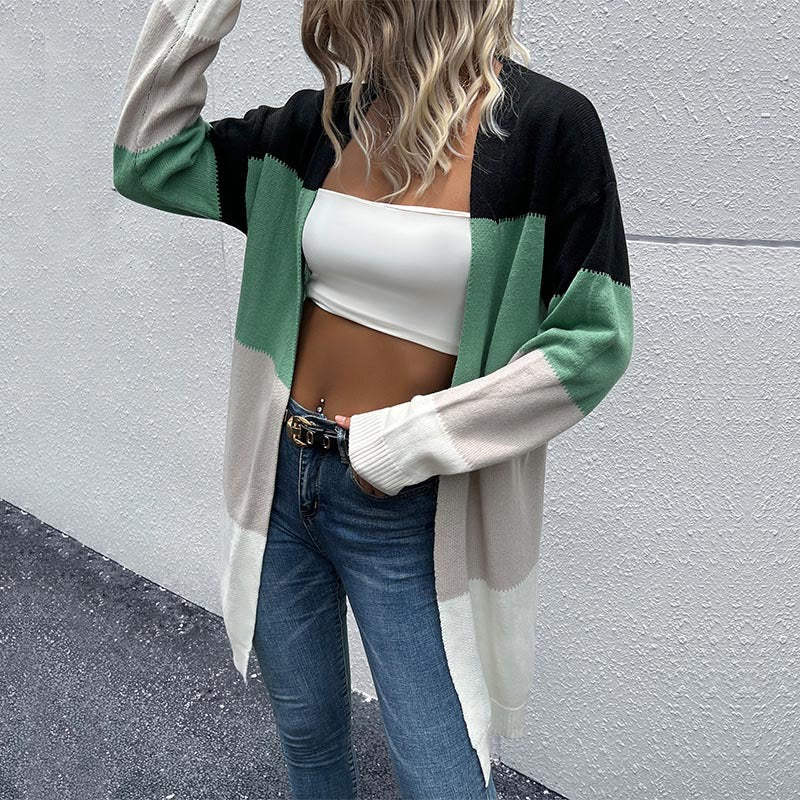 Damen Longline Strickcardigan mit Farbblockmuster, offener Front und lässiger Oversize‑Passform Drune
