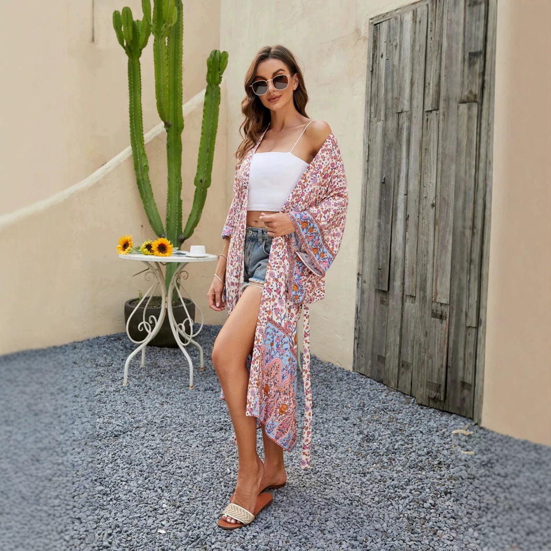 Damen Kurzer Boho-Kimono-Morgenmantel mit Bindegürtel und breiten Kimonoärmeln Drune