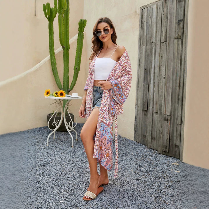 Damen Kurzer Boho-Kimono-Morgenmantel mit Bindegürtel und breiten Kimonoärmeln Drune
