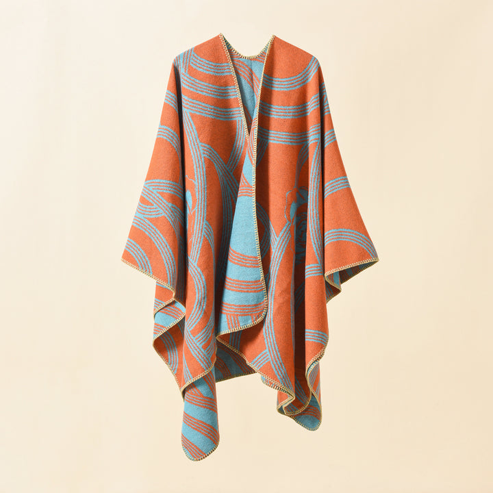 Damen Reversfreier Jacquard-Umhang im kastigen Oversize mit abstraktem Medaillonmuster Drune