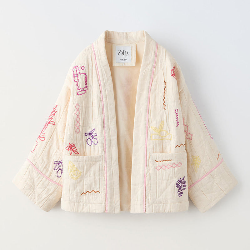 Damen Modische Kimono-Jacke mit bunten Stickdetails und Taschen Drune
