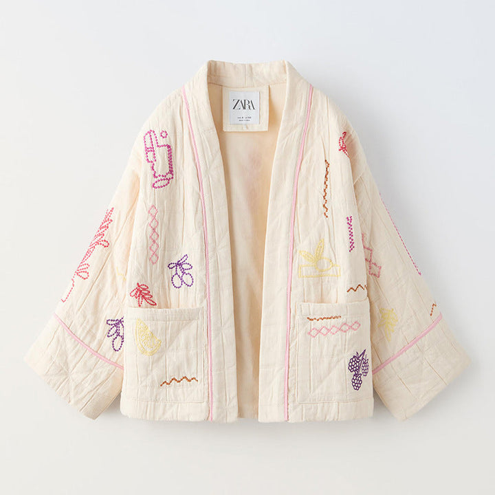 Damen Modische Kimono-Jacke mit bunten Stickdetails und Taschen Drune