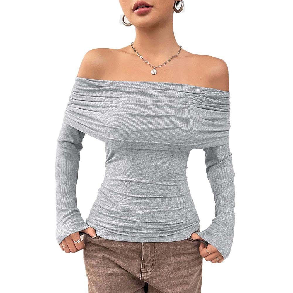 Damen eng anliegendes Off-Shoulder Rippstrick-Longsleeve mit gerafftem Wasserfall-Ausschnitt und Daumenloch Drune