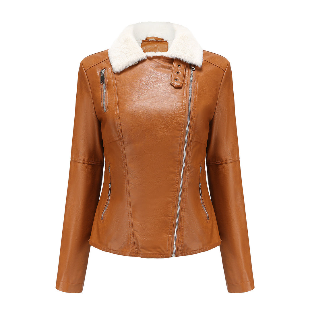 Damen nan taillierte Kunstleder-Bikerjacke mit abnehmbarem Kunstfellkragen und schrägem Reißverschluss Drune