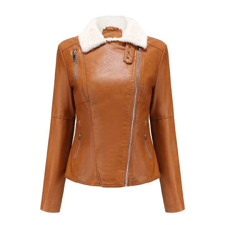 Damen nan taillierte Kunstleder-Bikerjacke mit abnehmbarem Kunstfellkragen und schrägem Reißverschluss Drune