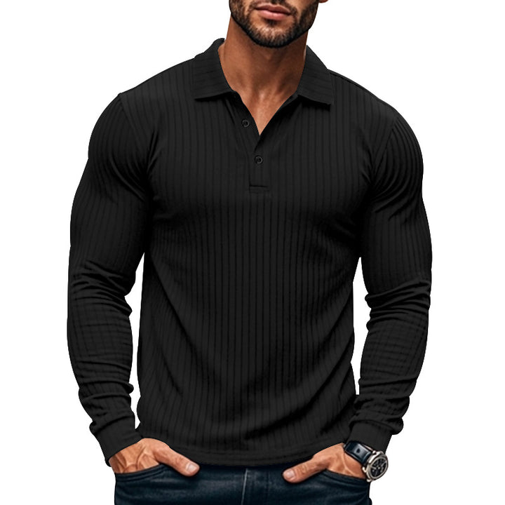 Herren nan eng anliegendes geripptes Langarm-Poloshirt mit Kentkragen und kurzer Knopfleiste Drune
