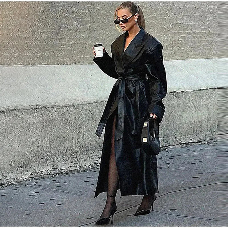 Damen Eleganter und modischer Trenchcoat aus Kunstleder Drune