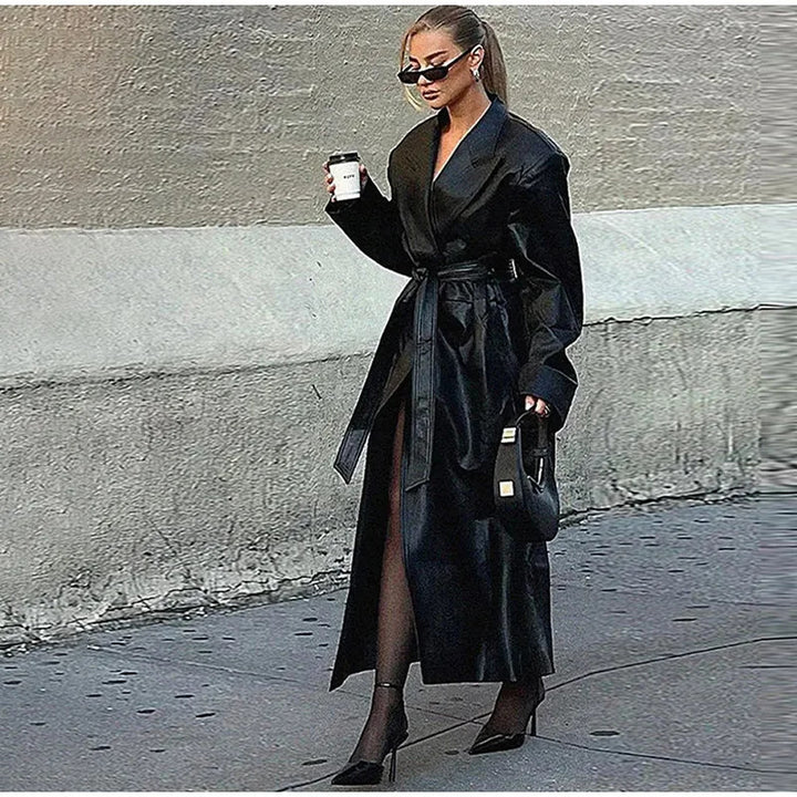 Damen Eleganter und modischer Trenchcoat aus Kunstleder Drune