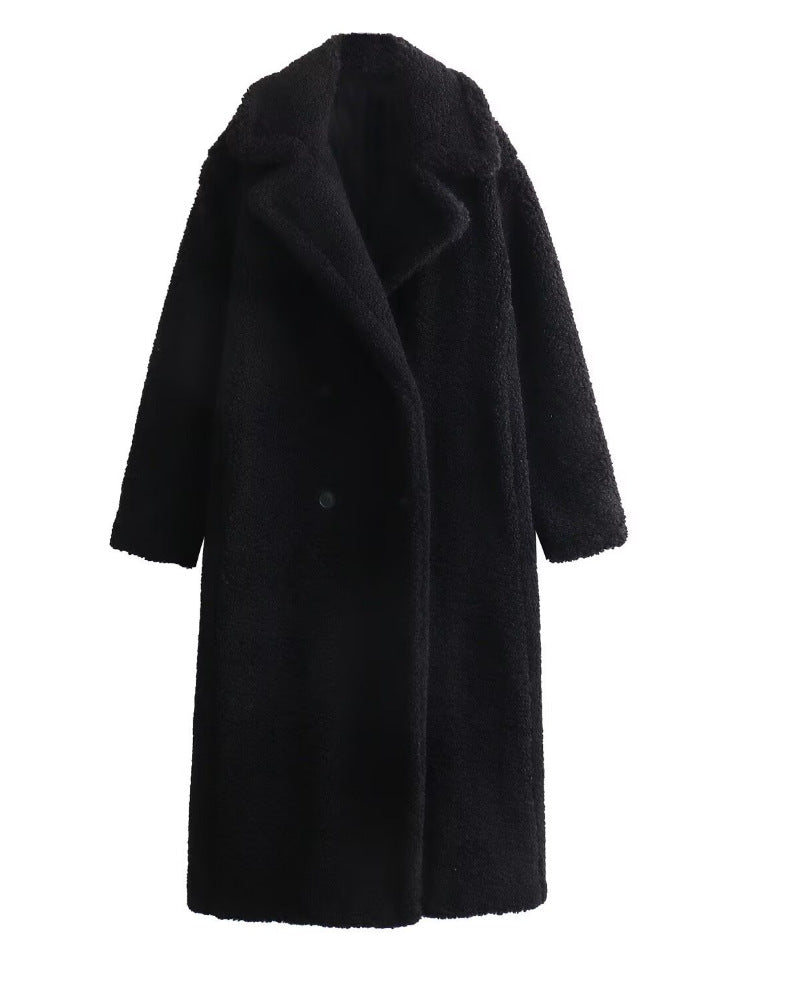 Damen 900+ langer Teddy‑Mantel im Oversize‑Cut mit Doppelreihe, Reverskragen und wärmender Innenfutter Drune