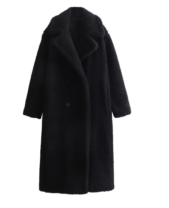 Damen 900+ langer Teddy‑Mantel im Oversize‑Cut mit Doppelreihe, Reverskragen und wärmender Innenfutter Drune