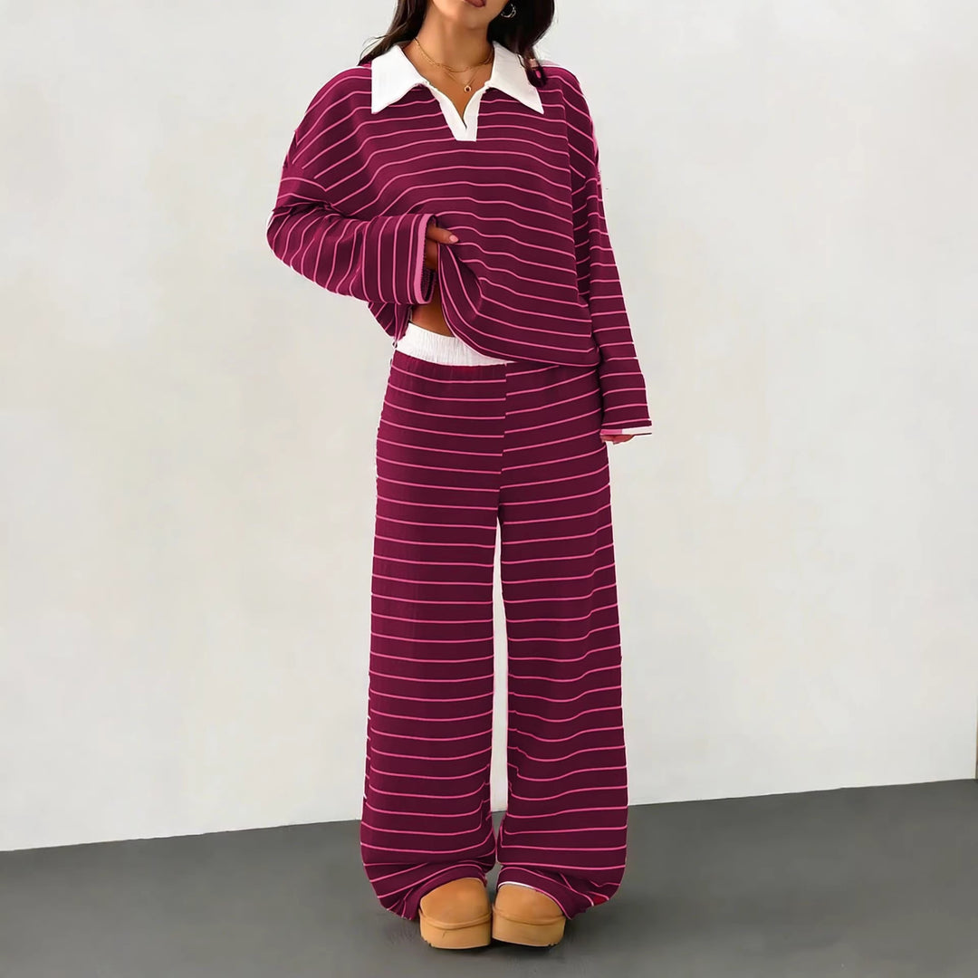 Damen lässiges Streifen-Loungewear-Set mit Kragen Drune