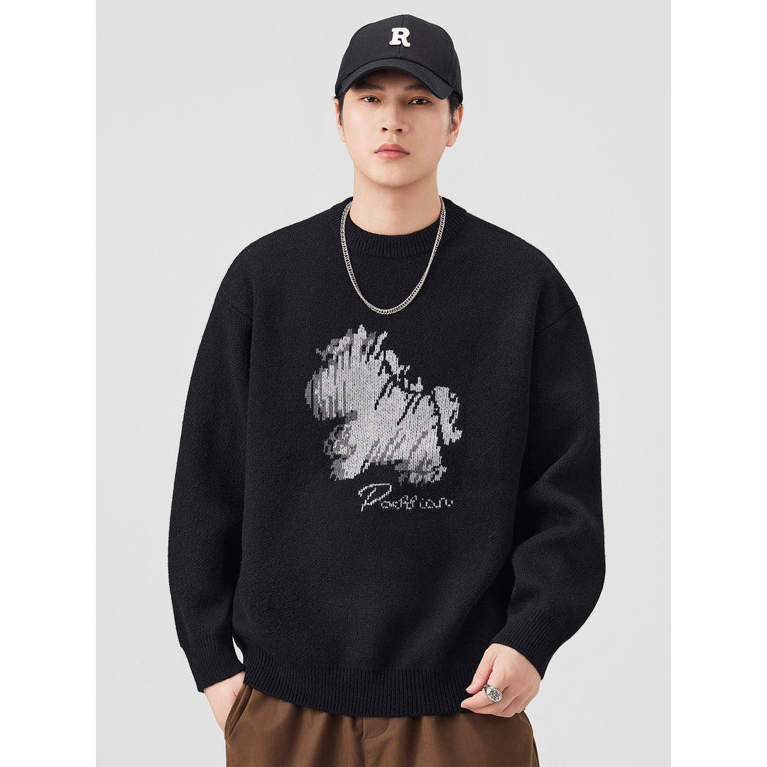 Herren Modischer Grobstrickpullover mit kreativer Tiermotiv-Applikation Drune
