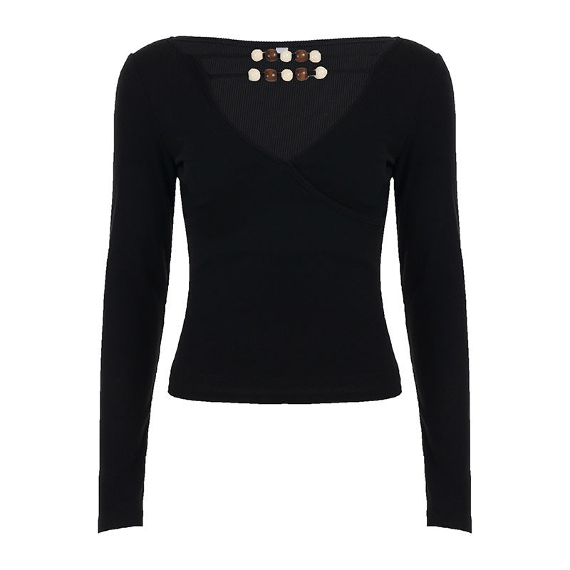 Damen Figurbetontes Langarmshirt mit tiefem V-Ausschnitt, Wickeloptik und dekorativen Perlen Drune