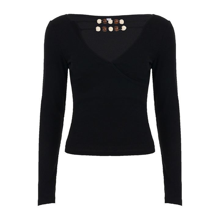 Damen Figurbetontes Langarmshirt mit tiefem V-Ausschnitt, Wickeloptik und dekorativen Perlen Drune