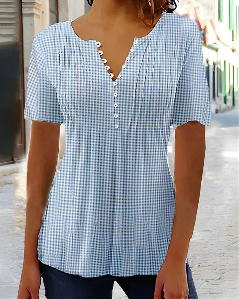Damen nan leichte Karobluse mit V-Ausschnitt, Zierknopfleiste und Stufenvolant Drune