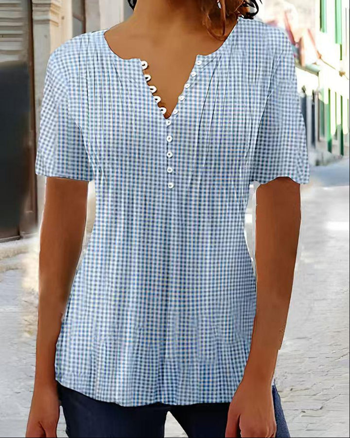 Damen nan leichte Karobluse mit V-Ausschnitt, Zierknopfleiste und Stufenvolant Drune