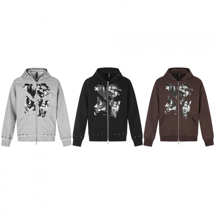 [Herren] Kapuzensweatjacke mit durchgehendem Reißverschluss, Vintage‑Print und Nietenbesatz Drune