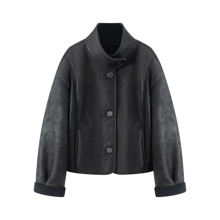 Damen Kurze Lammfelloptik-Jacke mit Stehkragen und Knopfleiste Drune