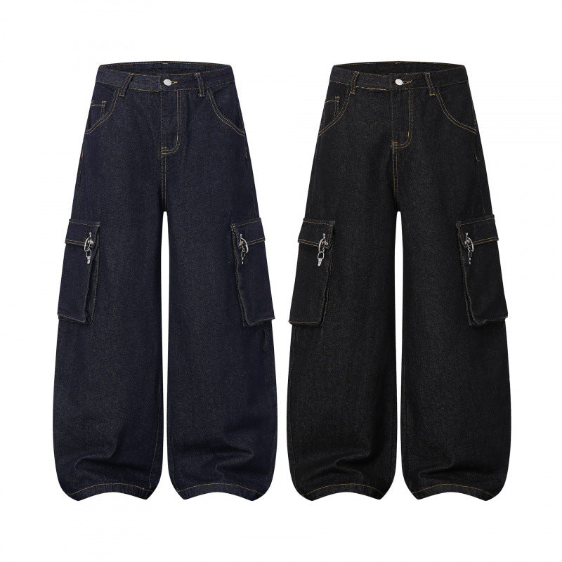 Damen Ballonförmige Cargo-Jeans mit hoher Taille, weitem Bein und aufgesetzten Klappentaschen Drune