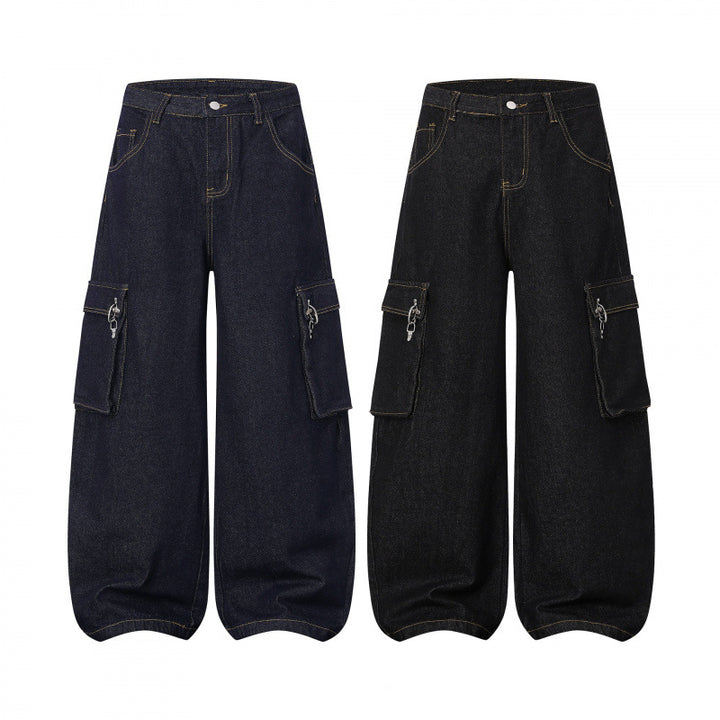 Damen Ballonförmige Cargo-Jeans mit hoher Taille, weitem Bein und aufgesetzten Klappentaschen Drune