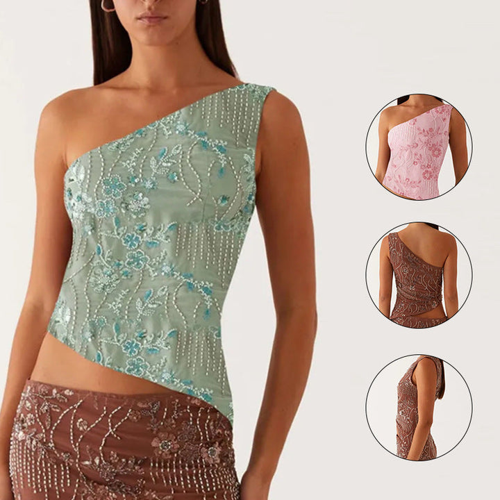 Damen asymmetrisches Oberteil mit floralem Strassdesign Drune