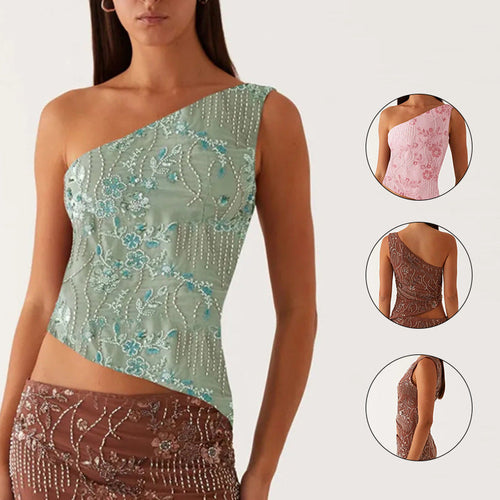 Damen asymmetrisches Oberteil mit floralem Strassdesign Drune