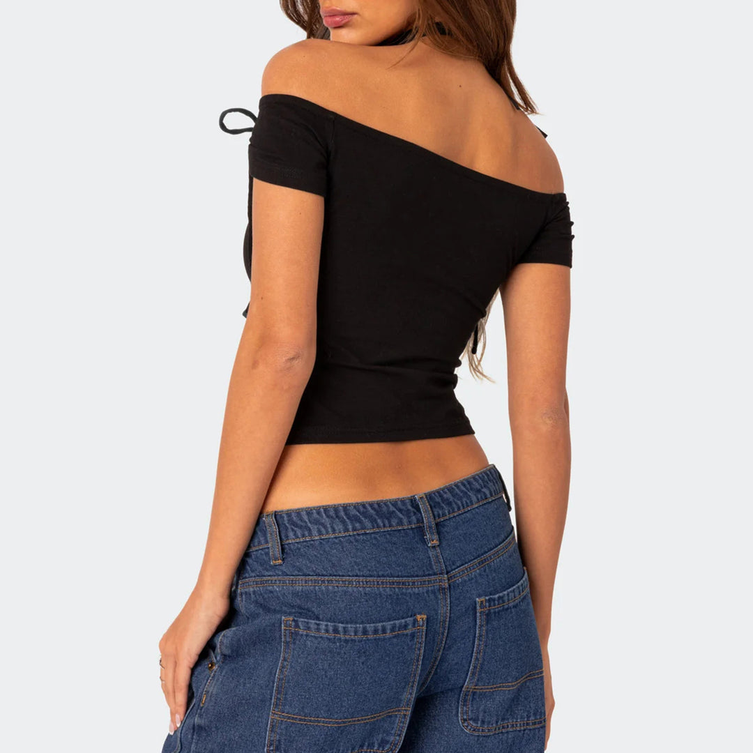 Damen raffiniertes Off-Shoulder T-Shirt mit eleganten Bindebändern Drune