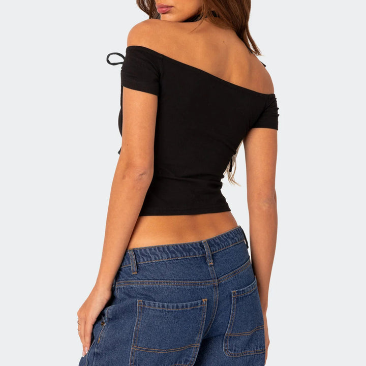 Damen raffiniertes Off-Shoulder T-Shirt mit eleganten Bindebändern Drune