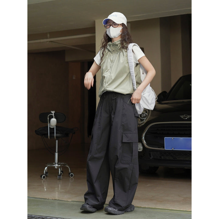 Damen Weite Cargo-Palazzohose mit Tunnelzugbund und Multifachtaschen Drune