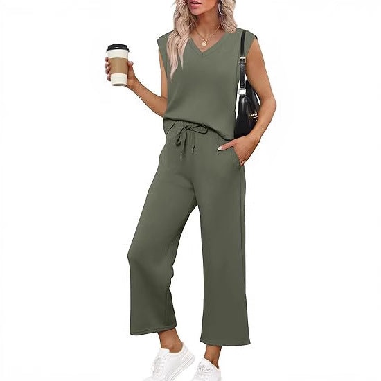 Damen Lässiges Zweiteiliges Lounge-Set mit Ärmellosem V-Neck-Top und Weiten Kordelbund-Hosen Drune