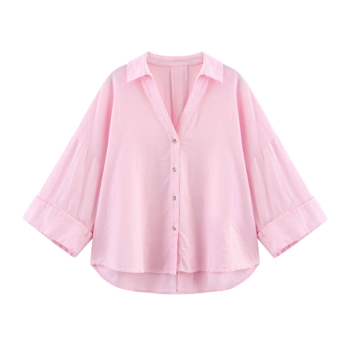 Damen nan oversized Streifen-Hemdbluse mit überschnittener Schulter, 3/4-Ärmel und verlängertem Rückensaum Drune