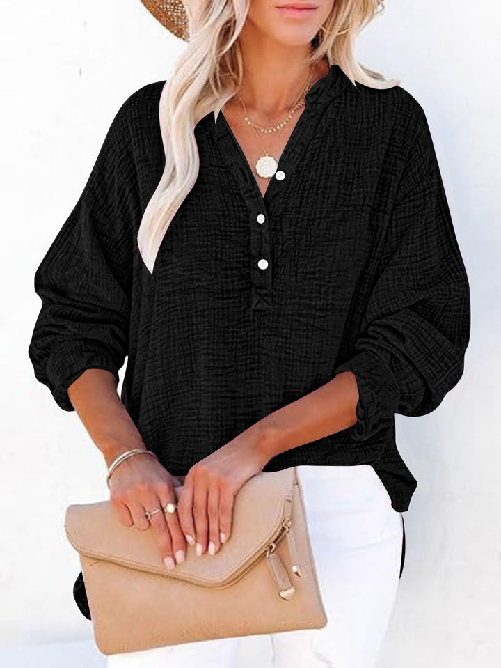 Damen Oversize Texturierte Baumwollbluse mit Henley-Knopfleiste Drune