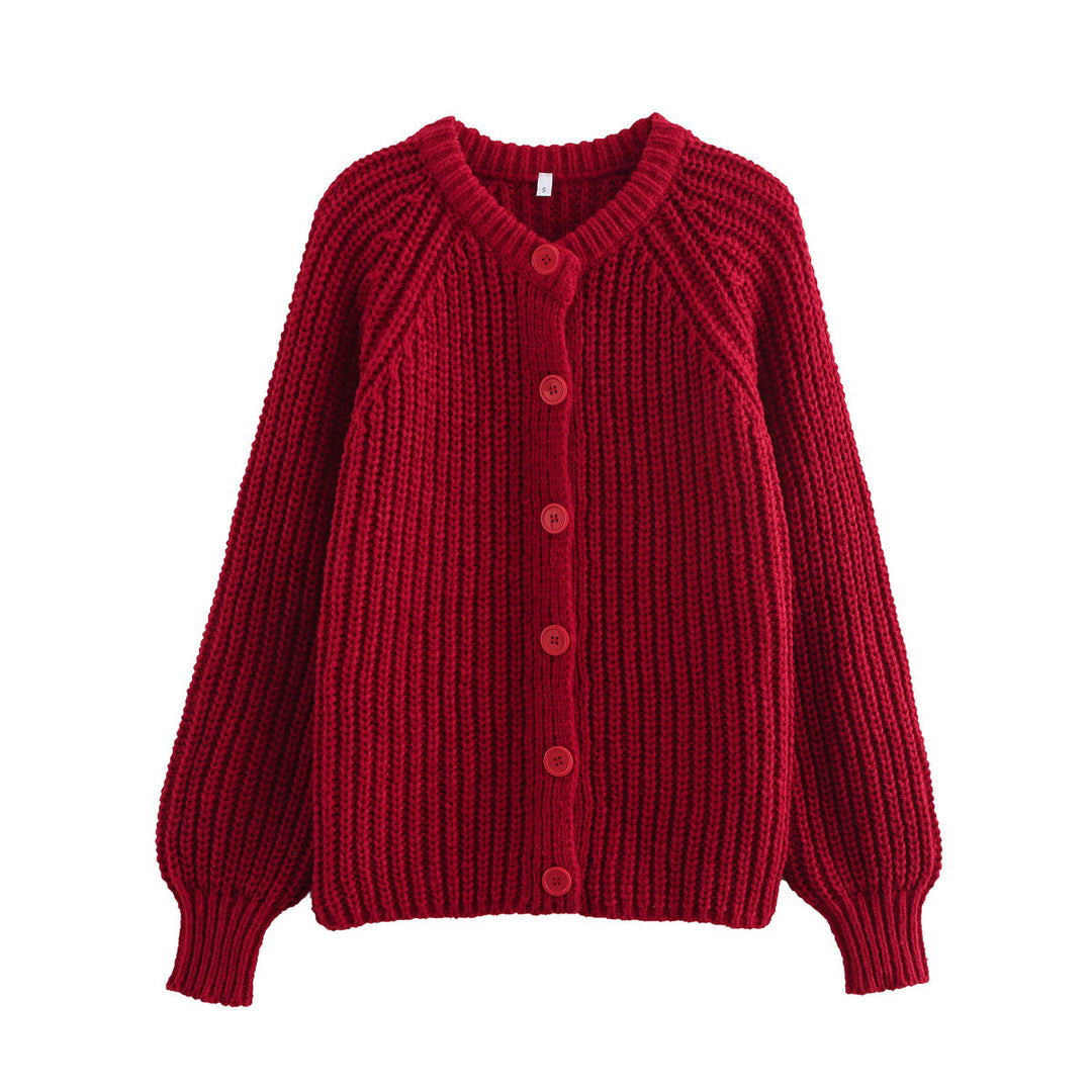 Damen nan grob gestrickte Raglan-Cardigan mit Ballonärmeln und durchgehender Knopfleiste Drune
