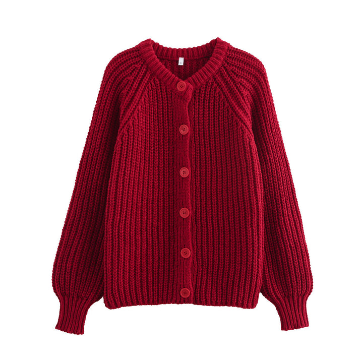 Damen nan grob gestrickte Raglan-Cardigan mit Ballonärmeln und durchgehender Knopfleiste Drune
