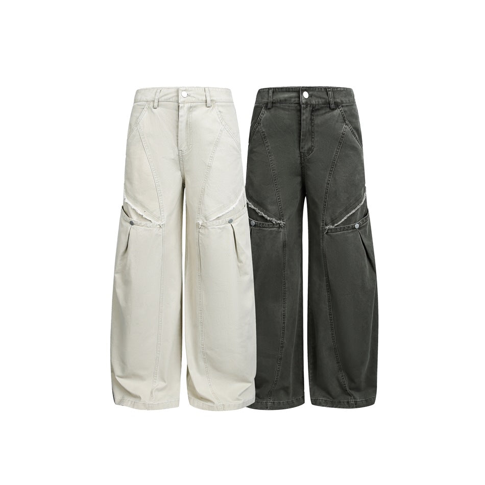 Damen Weite High‑Waist Cargo‑Hose im Vintage‑Workwear‑Look mit Aufgesetzten Taschen und Fransen-Details Drune