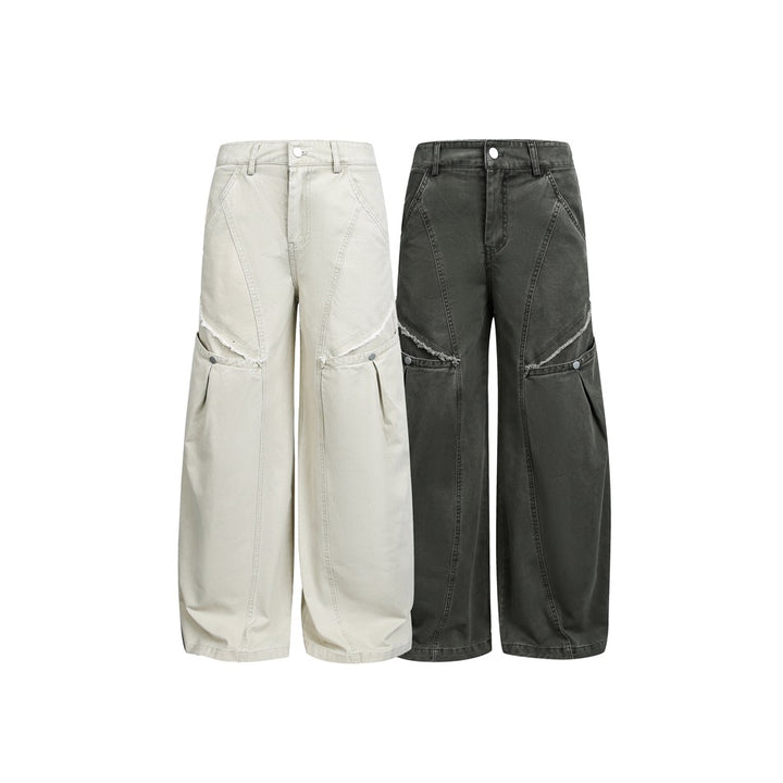 Damen Weite High‑Waist Cargo‑Hose im Vintage‑Workwear‑Look mit Aufgesetzten Taschen und Fransen-Details Drune