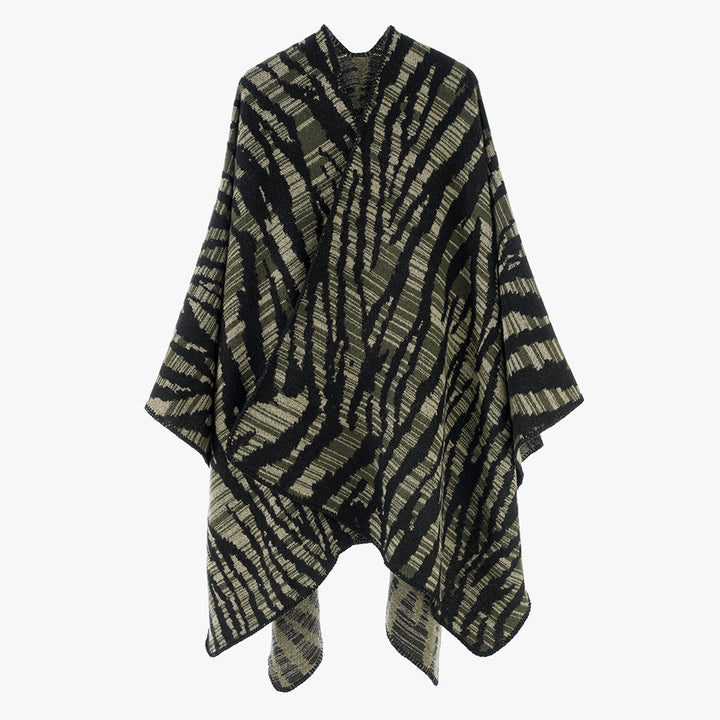 Damen Grobstrick‑Poncho im Cape‑Schnitt mit Zebra‑Jacquard und offener Kimonoärmelung Drune