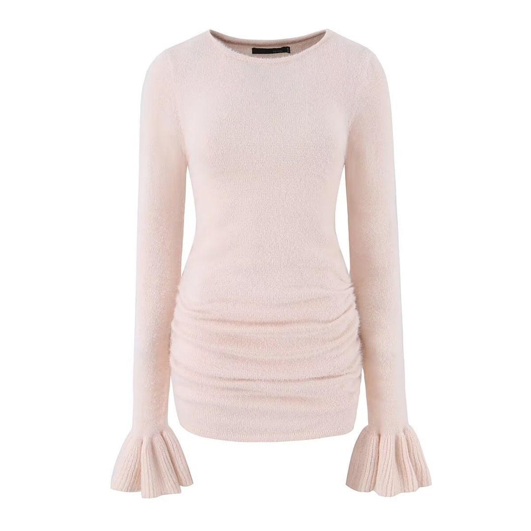 Damen Figurbetonter Feinstrick-Pullover mit geraffter Taille und Volantärmeln Drune