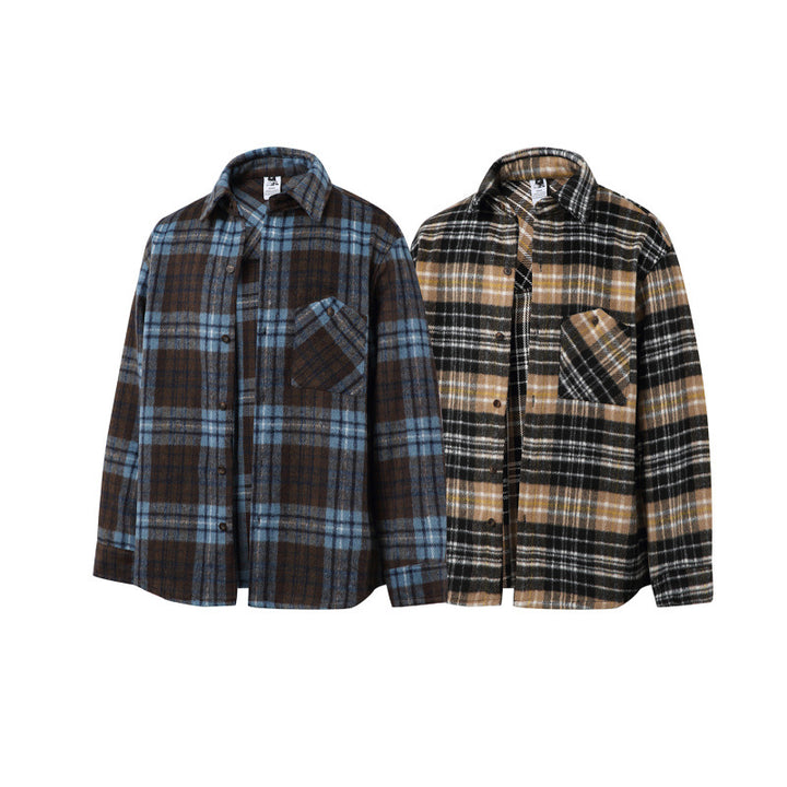 Unisex Boxy-Überhemdjacke aus weichem Wollmix mit Karomuster und aufgesetzter Brusttasche Drune