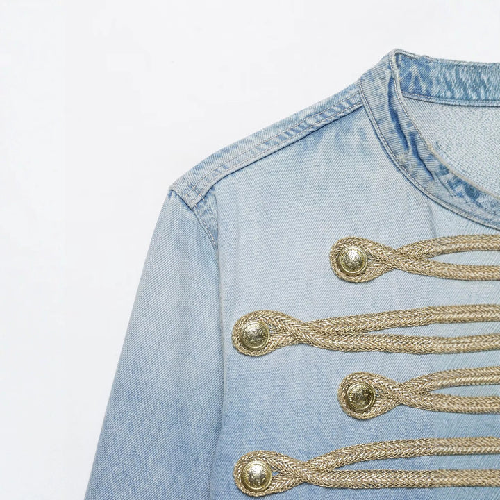 Damen Kurzer Denim-Militärblouson mit dekorativen Kordeln und Stehkragen Drune