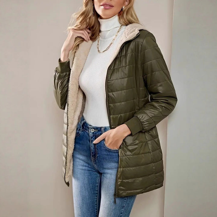 Damen Langer Steppmantel mit Teddyfutter und Kapuze Drune