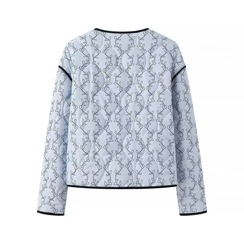 Damen gesteppte Kurzjacke mit V‑Ausschnitt, Kontrastpaspel und floraler Steppapplikation Drune