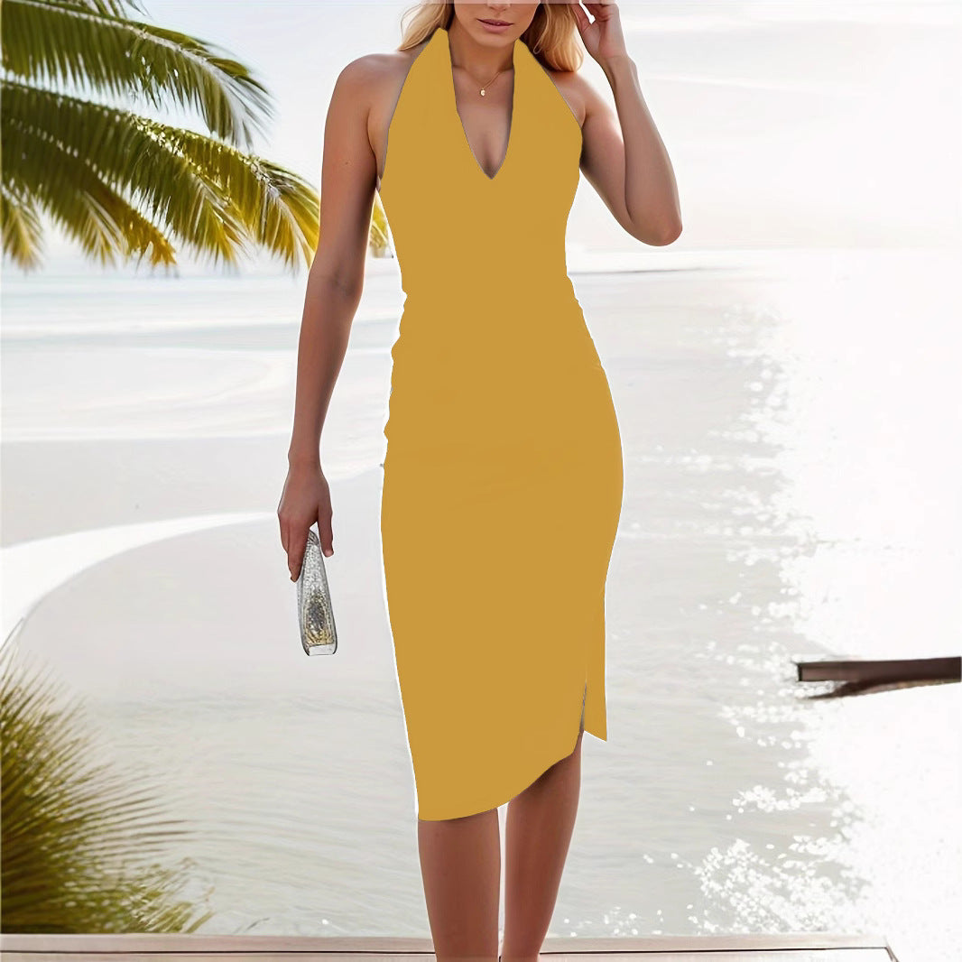 Damen elegantes Wickelkleid mit tiefem V-Ausschnitt und figurbetontem Schnitt Drune