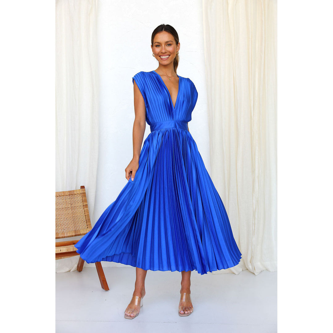 Damen Plissiertes Maxikleid mit tiefem V-Ausschnitt und fließendem Schnitt Drune