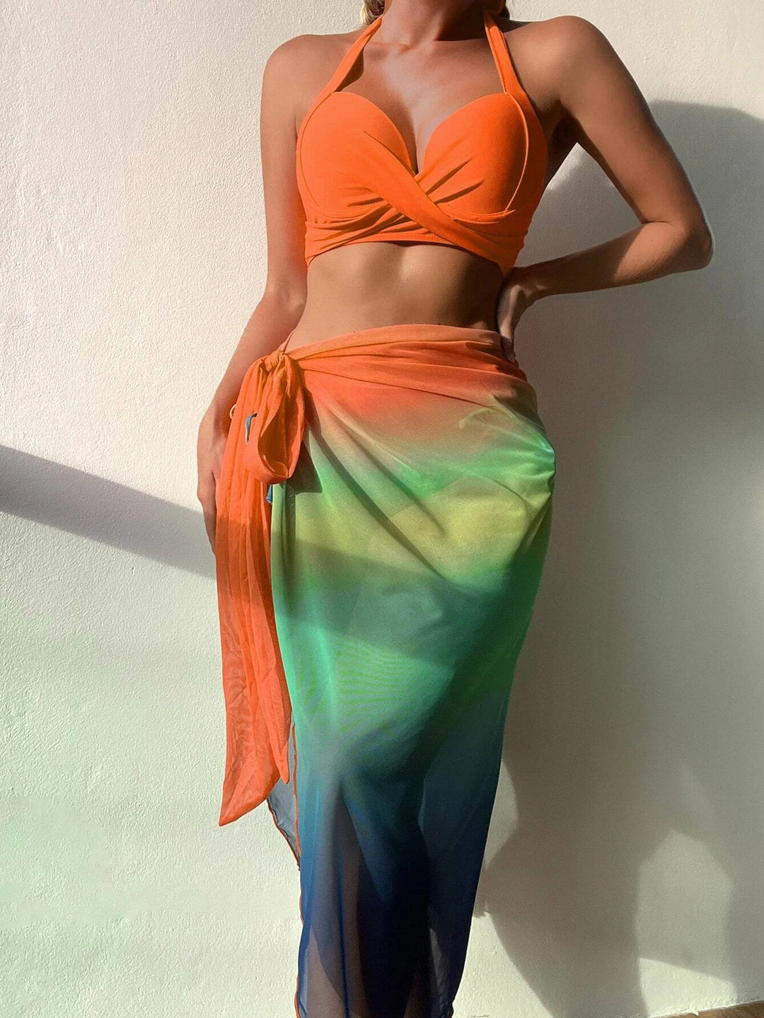 Damen Bikini-Oberteil mit Wickeldesign und transparentem Pareo Drune